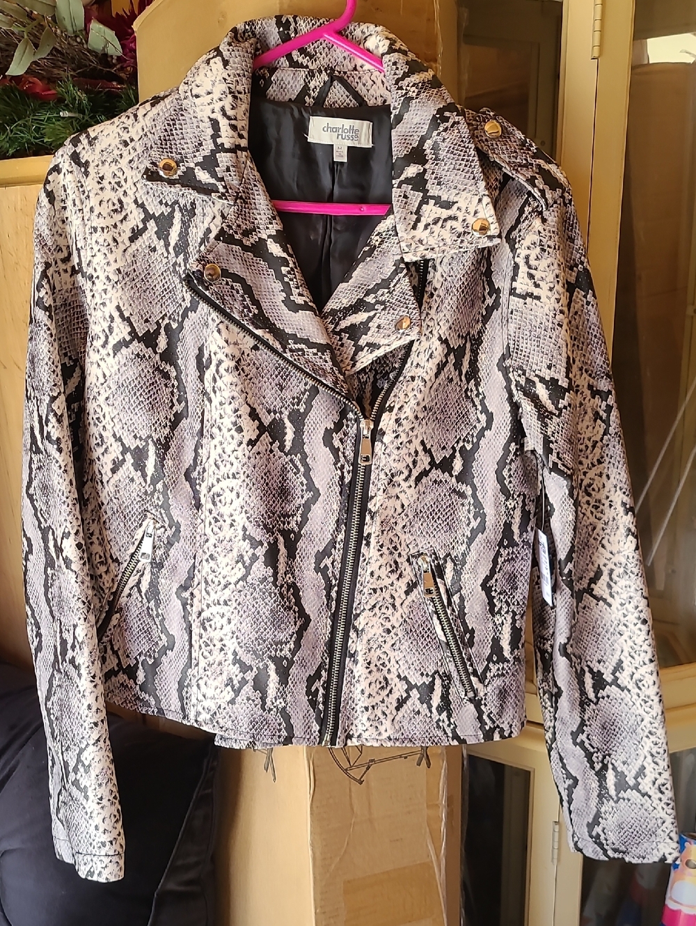 Charlotte Russe Women’s Snake Print Moto Jacket - Beige/Black
